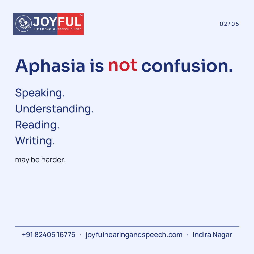 A clinic carousel frame stating aphasia is not confusion, and that speaking, understanding, reading, and writing may be harder.