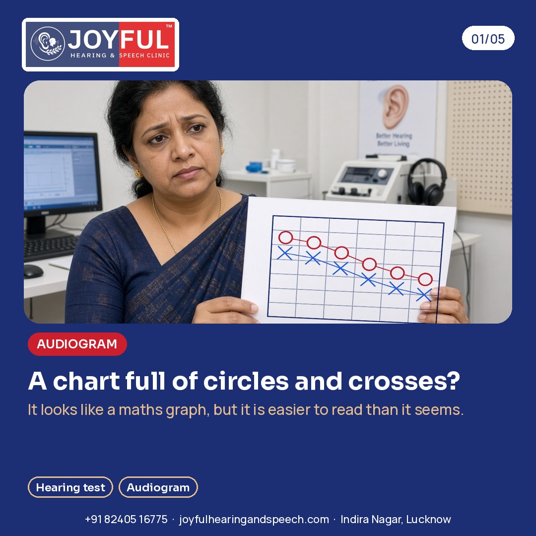 A woman looks puzzled as she holds up a printed audiogram, a grid with red circles and blue crosses (illustrative image).
