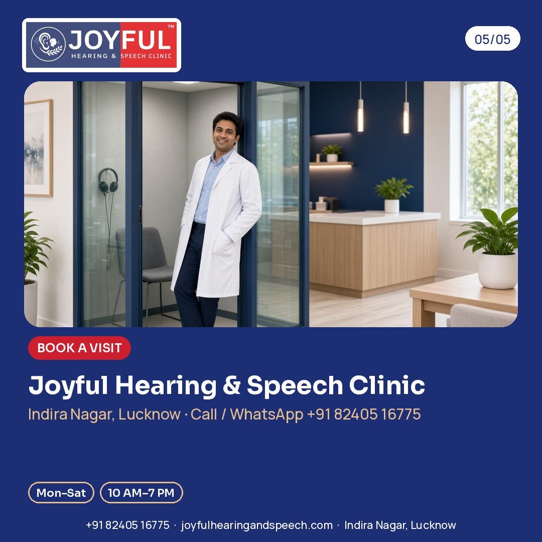 A bright, welcoming clinic space with a glass hearing-test booth and an audiologist standing nearby (illustrative image). Book a visit: +91 82405 16775, Indira Nagar, Lucknow.