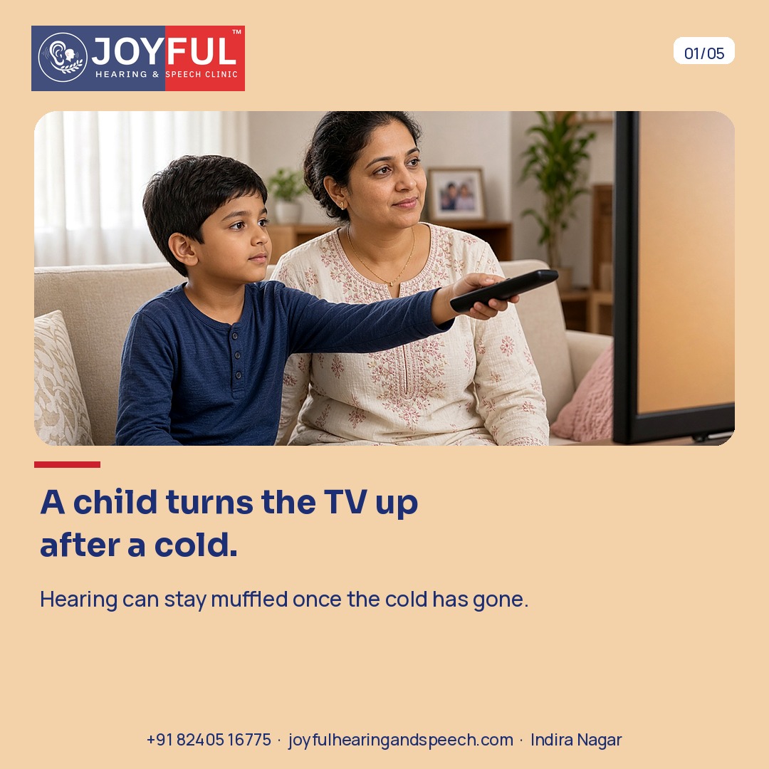 A boy points a remote at the television beside his mother. A child turns the TV up after a cold.