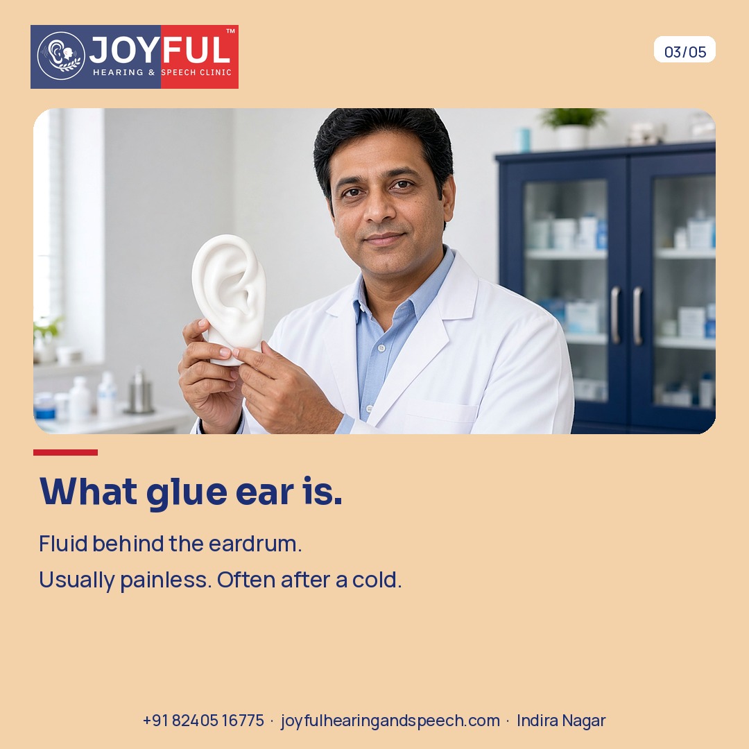 A clinician holds an ear model. Glue ear is fluid behind the eardrum. It is usually painless and often follows a cold.
