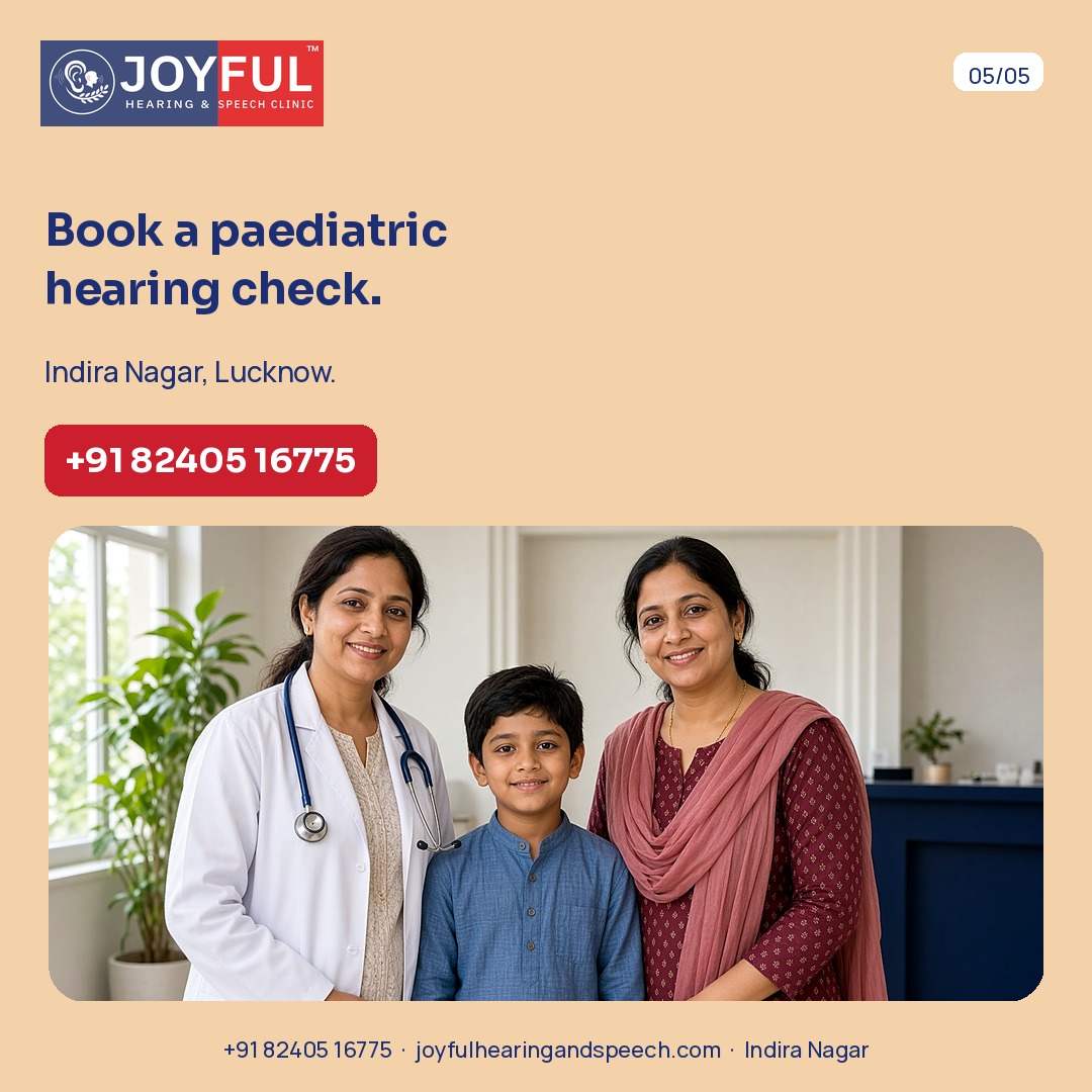 A clinician, a boy, and his mother smiling together. Book a paediatric hearing check in Indira Nagar, Lucknow. +91 82405 16775.