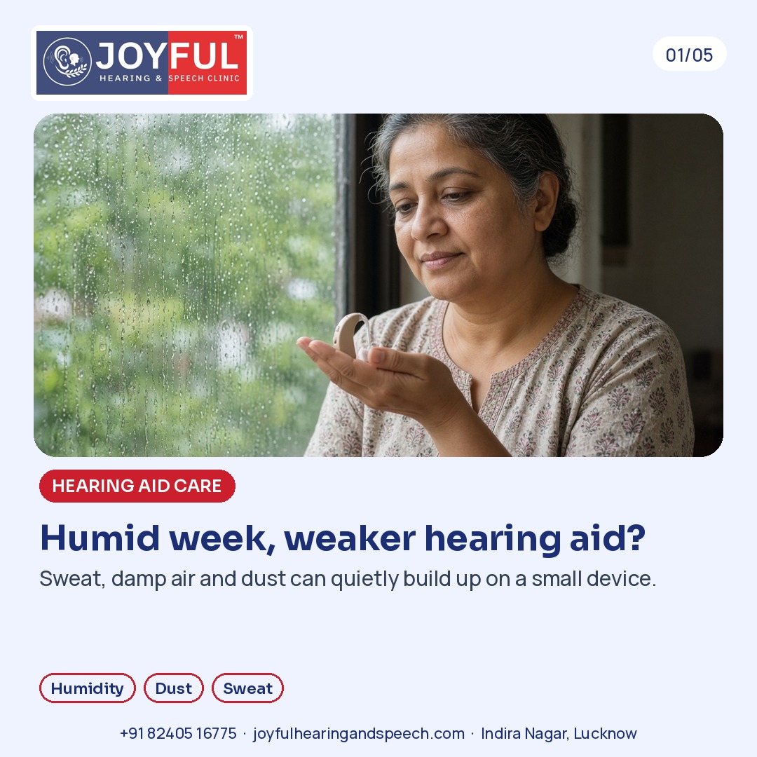 A woman by a rain-streaked window holds a small hearing aid in her palm.
