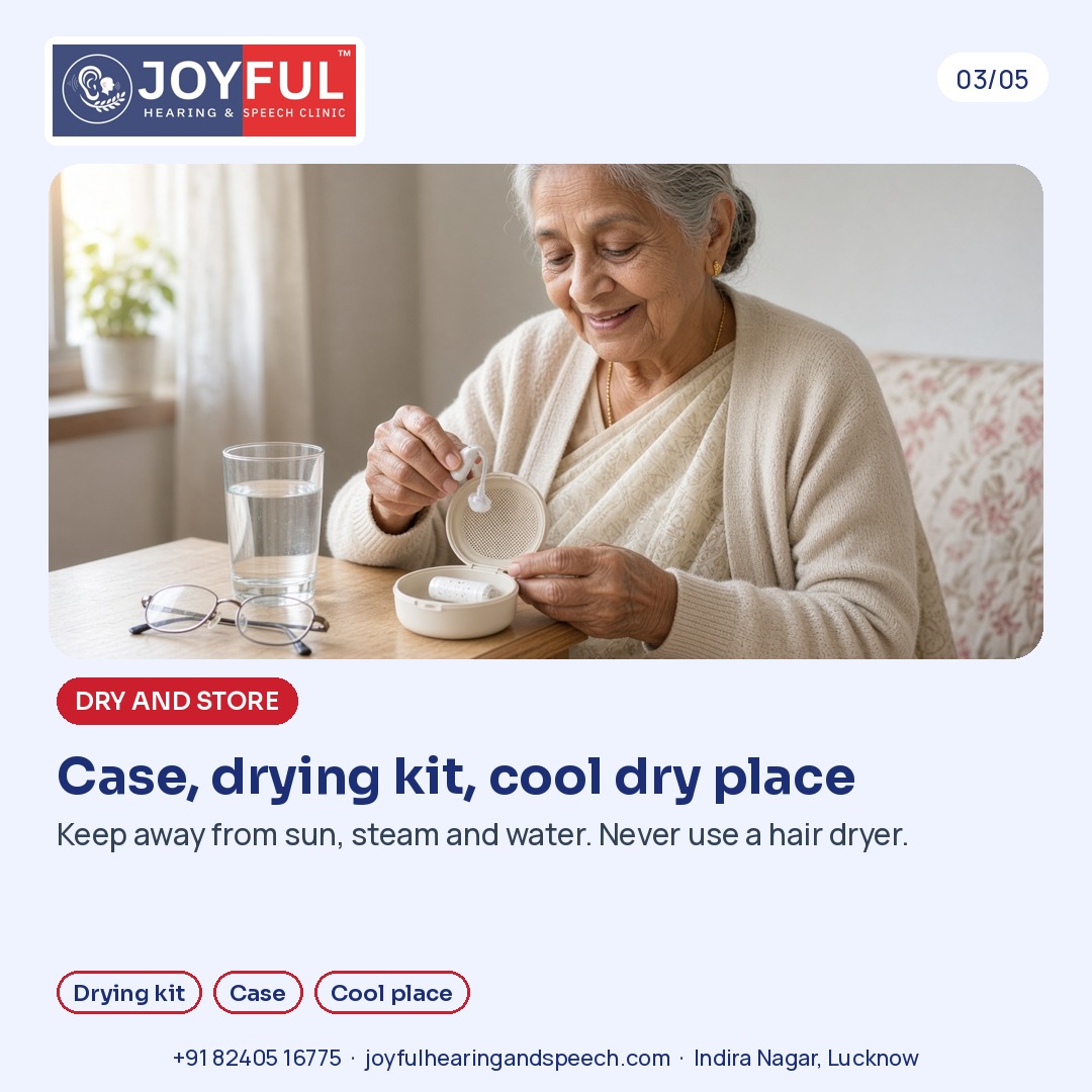 An older woman places a hearing aid into an open drying case beside a glass of water.