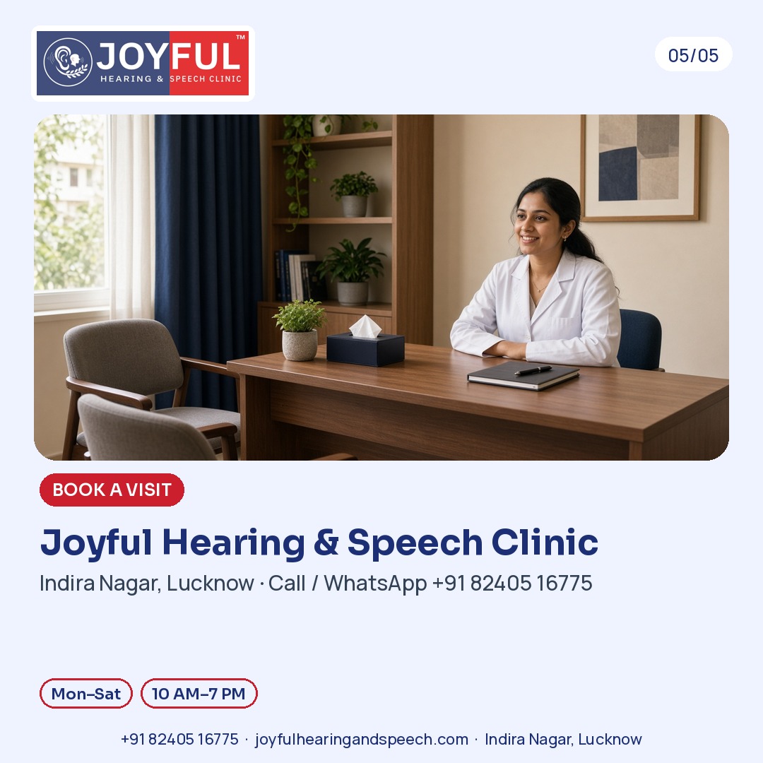 A bright, welcoming consultation room with an audiologist at a desk (illustrative image). Book a visit: +91 82405 16775, Indira Nagar, Lucknow.