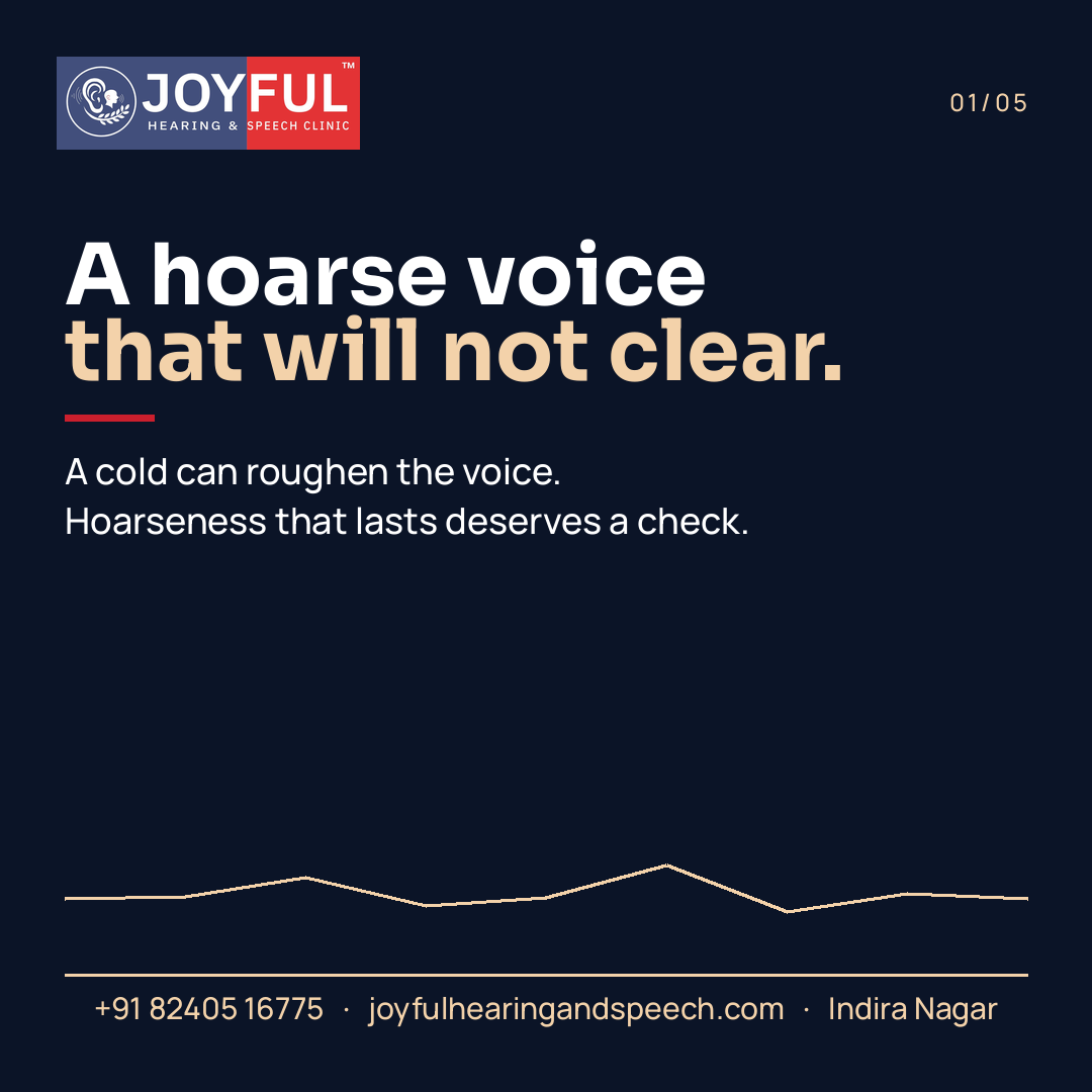 A clinic carousel frame that says a hoarse voice that will not clear, and that hoarseness which lasts deserves a check even though a cold can roughen the voice.