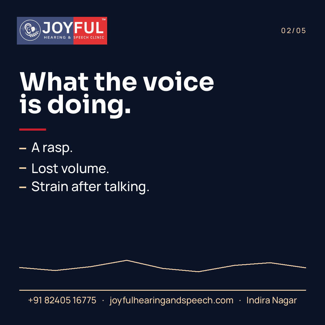 A clinic carousel frame listing what the voice is doing: a rasp, lost volume, and strain after talking.
