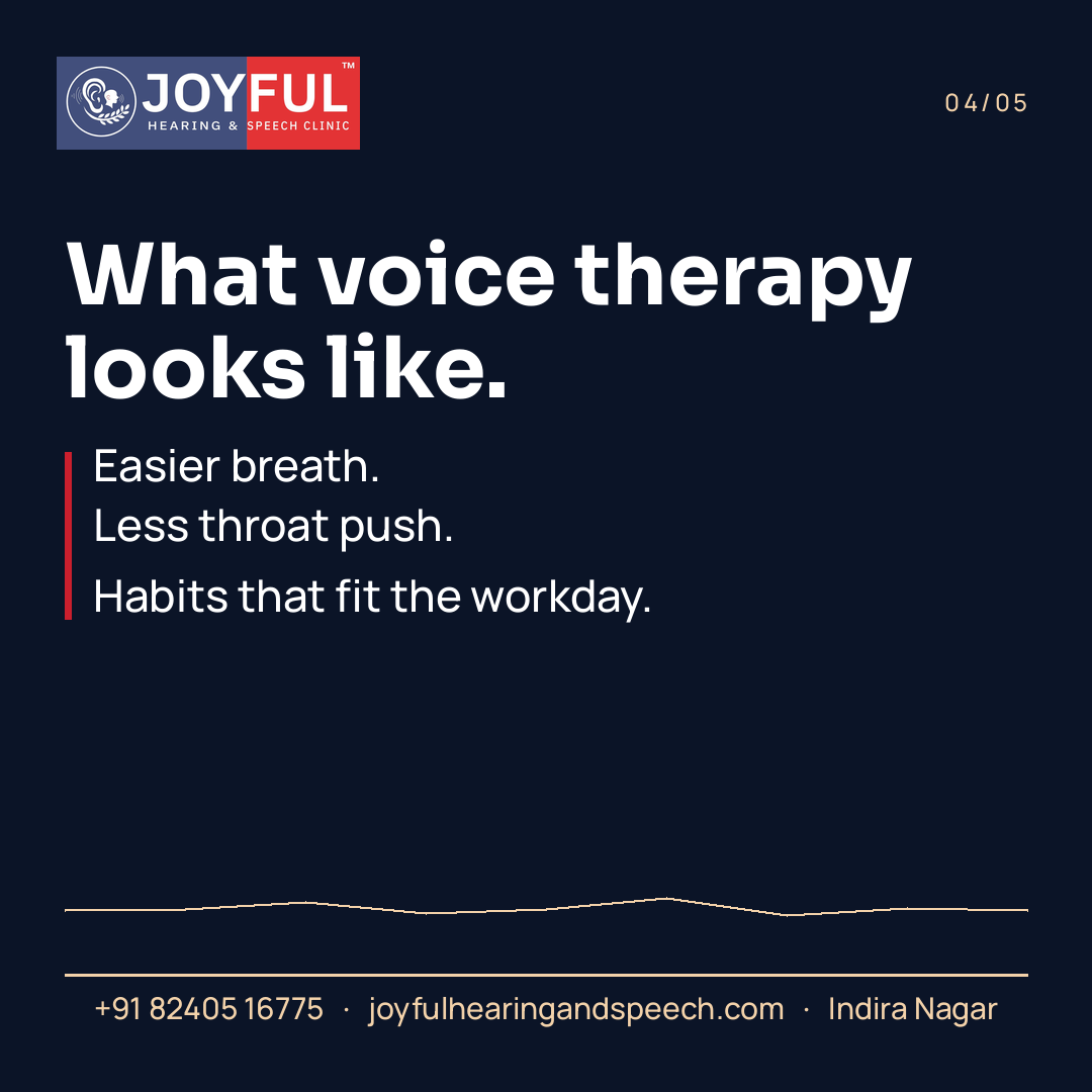 A clinic carousel frame describing voice therapy as easier breath, less throat push, and habits that fit the workday.
