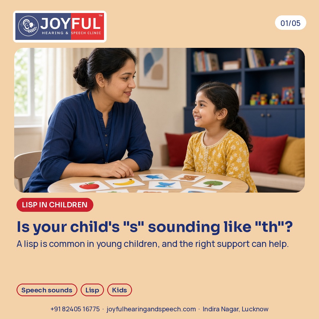 A speech therapist and a young girl smile over picture cards in a bright clinic room. Is your child's "s" sounding like "th"? A lisp is common in young children, and the right support can help.