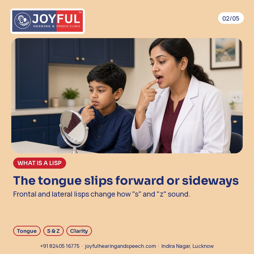A speech therapist shows a boy where to place his tongue while he copies her in a mirror. The tongue slips forward or sideways. Frontal and lateral lisps change how "s" and "z" sound.