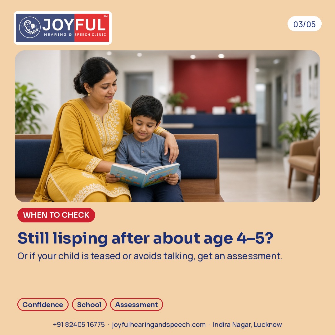 A mother sits with her son and a picture book in a clinic waiting area. Still lisping after about age 4 to 5? Or if your child is teased or avoids talking, get an assessment.