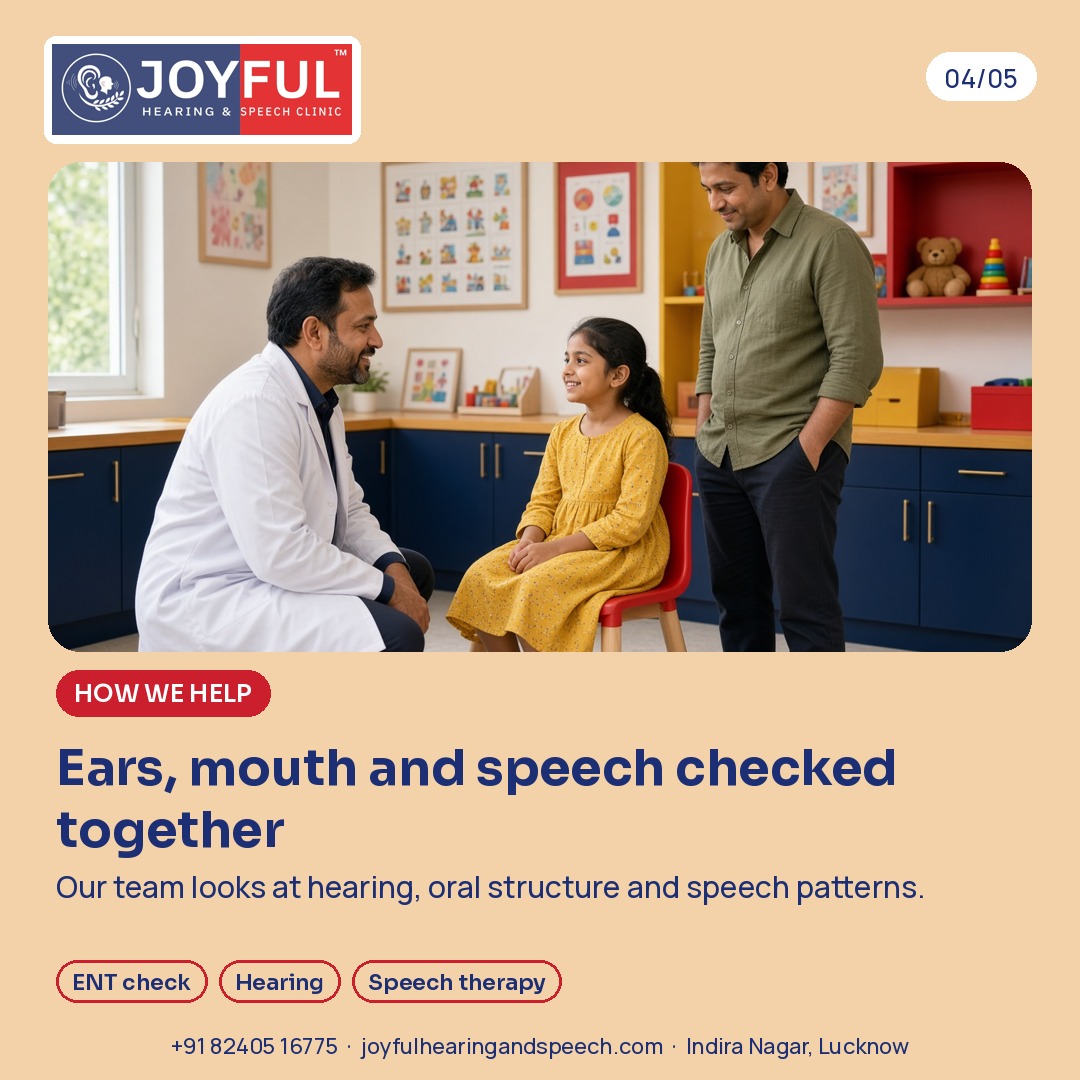 A clinician kneels to talk with a girl on a small chair while her father looks on. Ears, mouth and speech checked together.