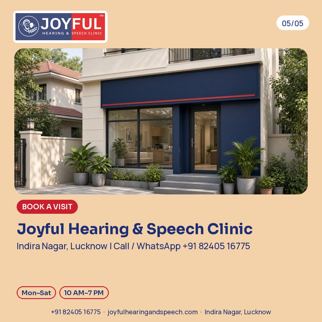 The outside of a small clinic with a navy front and plants by the steps. Book a visit at Joyful Hearing & Speech Clinic, Indira Nagar, Lucknow. Call or WhatsApp +91 82405 16775.