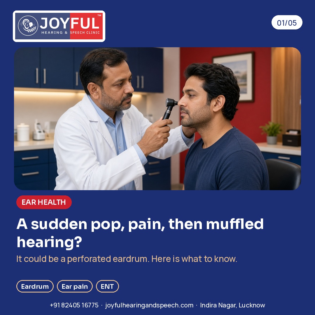 An ENT doctor looks into a man's ear with an otoscope. A sudden pop, pain, then muffled hearing? It could be a perforated eardrum.