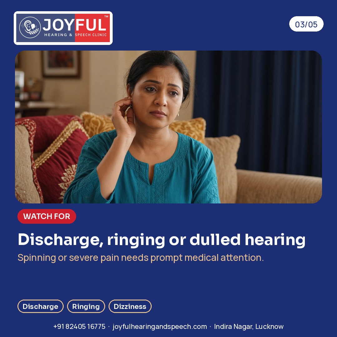 A woman on a sofa holds her hand to one ear. Watch for discharge, ringing or dulled hearing. Spinning or severe pain needs prompt medical attention.