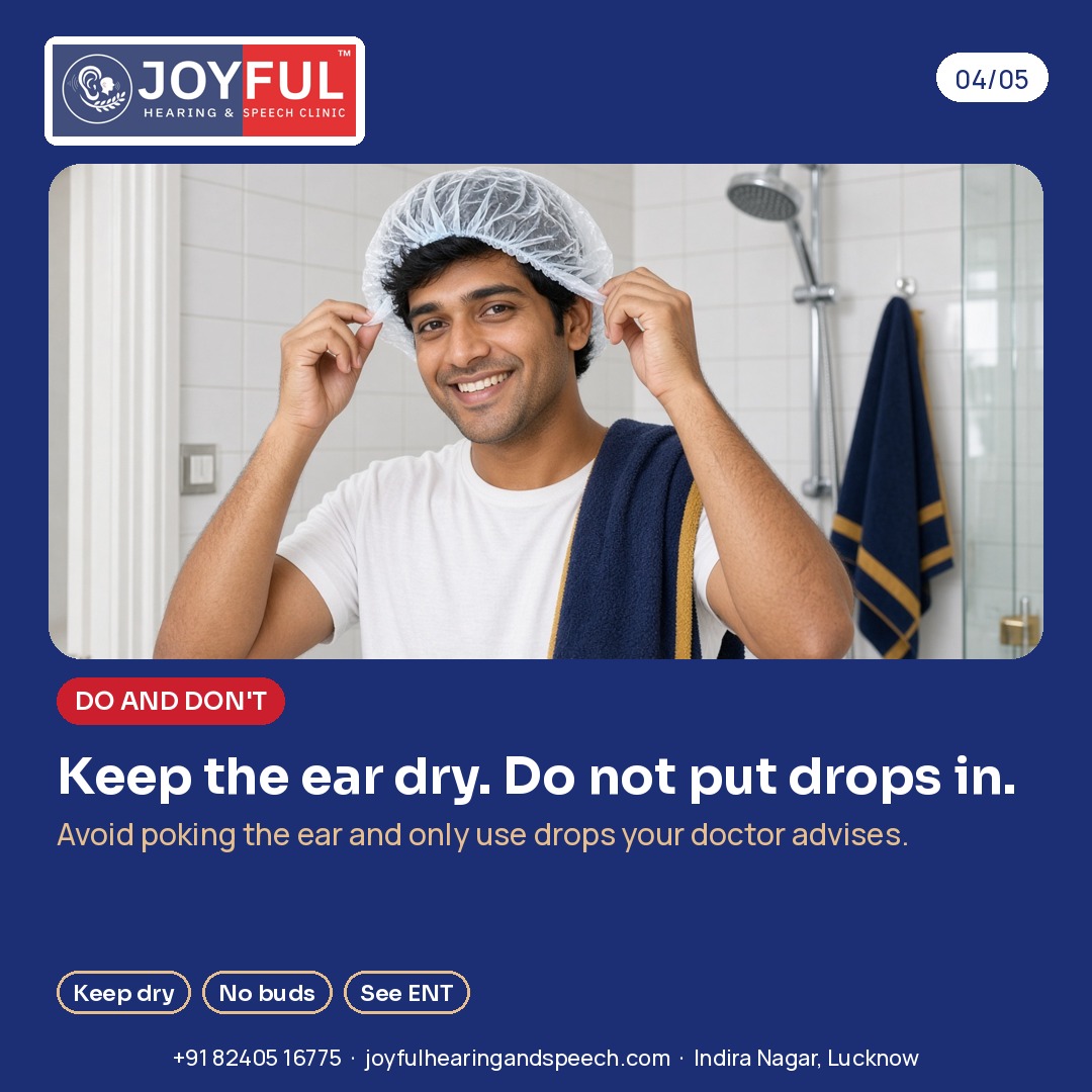 A man pulls a shower cap over his ears in a bathroom. Keep the ear dry. Avoid poking the ear and only use drops your doctor advises.