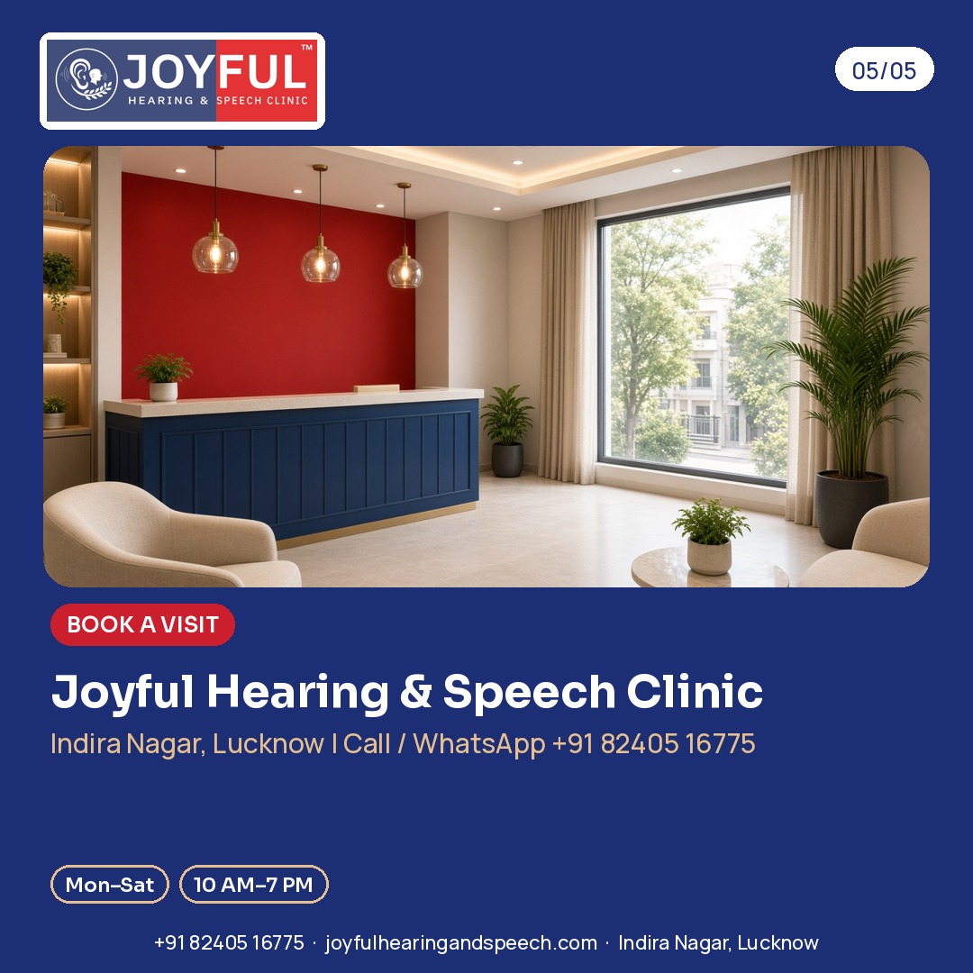 A bright clinic reception with a navy desk and a red wall. Book a visit at Joyful Hearing & Speech Clinic, Indira Nagar, Lucknow. Call or WhatsApp +91 82405 16775.