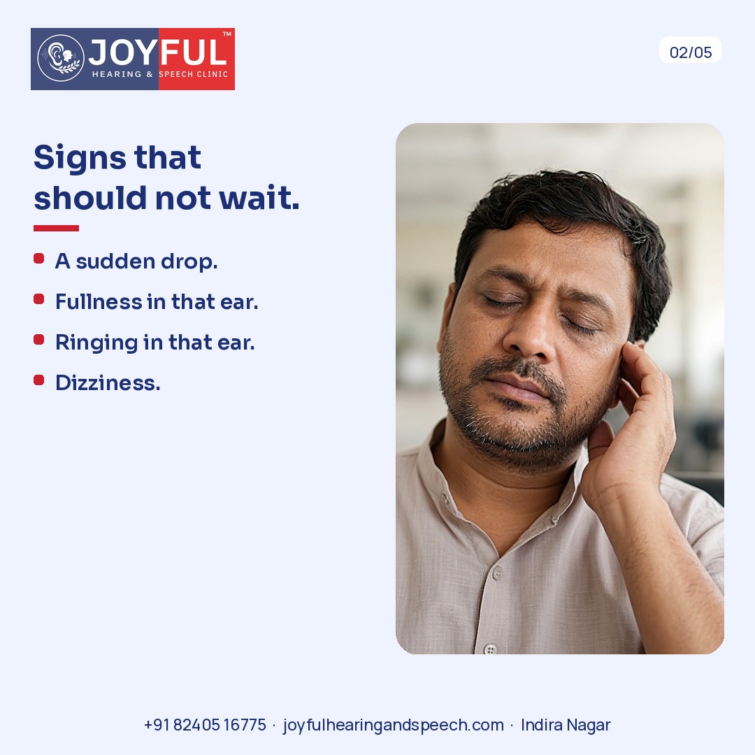 A man holds his ear, eyes closed. Signs that should not wait: a sudden drop, fullness, ringing, dizziness.