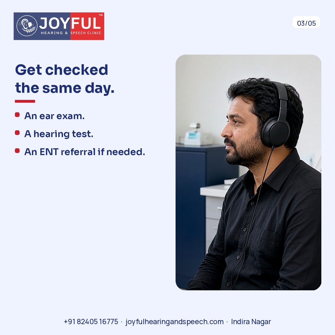 A man in headphones during a hearing check. Get checked the same day: an ear exam, a hearing test, and an ENT referral if needed.