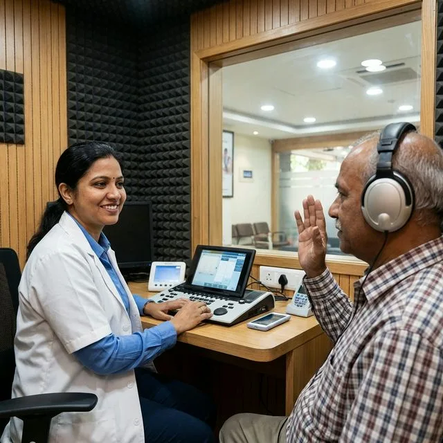 Audiologist conducting hearing test
